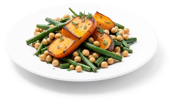 Roasted squash, chickpeas and green beans on a white plate, warm and filling.