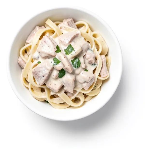 A bowl of creamy chicken pasta.