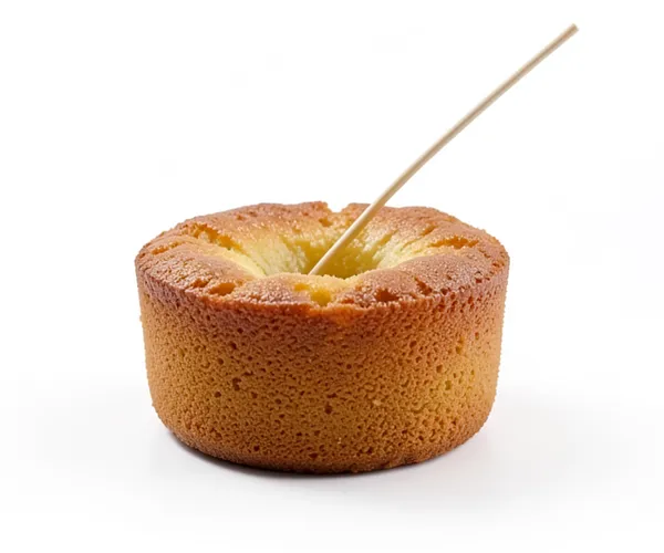 A baked cake with a skewer standing in its middle.