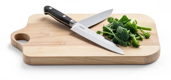 A knife on a chopping board beside fresh greens, the first step.