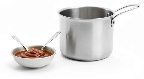 A small bowl of sauce with two tasting spoons beside a pan, one test portion.