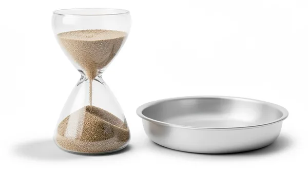 An hourglass beside an empty pan, a long wait before anyone tastes anything.