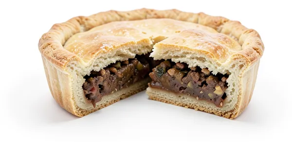 A pie cut open to show a rich filling inside a golden crust.