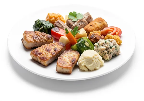 A plate crowded with eleven different things.
