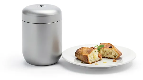A salt shaker beside a plated dish, found out too late once it is served.