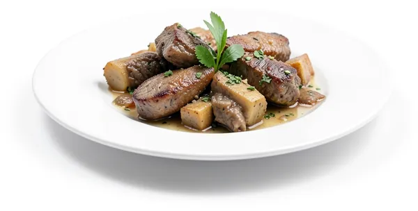 A plated meat dish that looks about done.