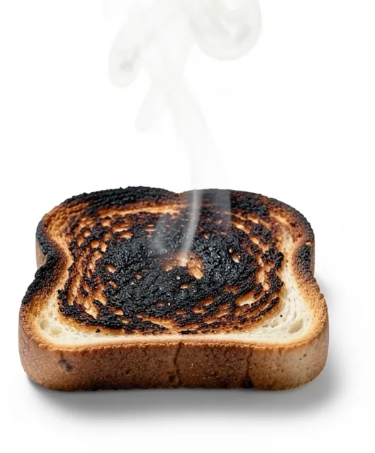 A slice of toast burnt black and still smoking.