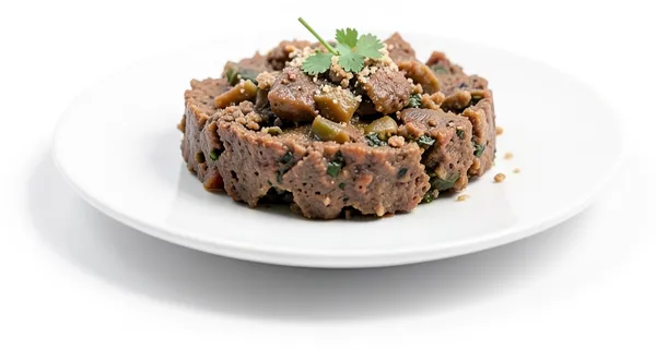 A rough, homemade looking dish on a white plate with a sprig of coriander.