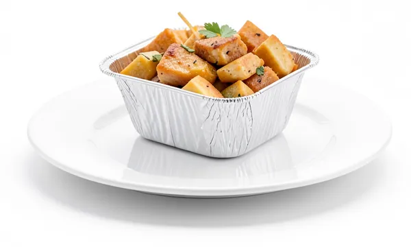 Food in a foil takeaway tray set on a plate.